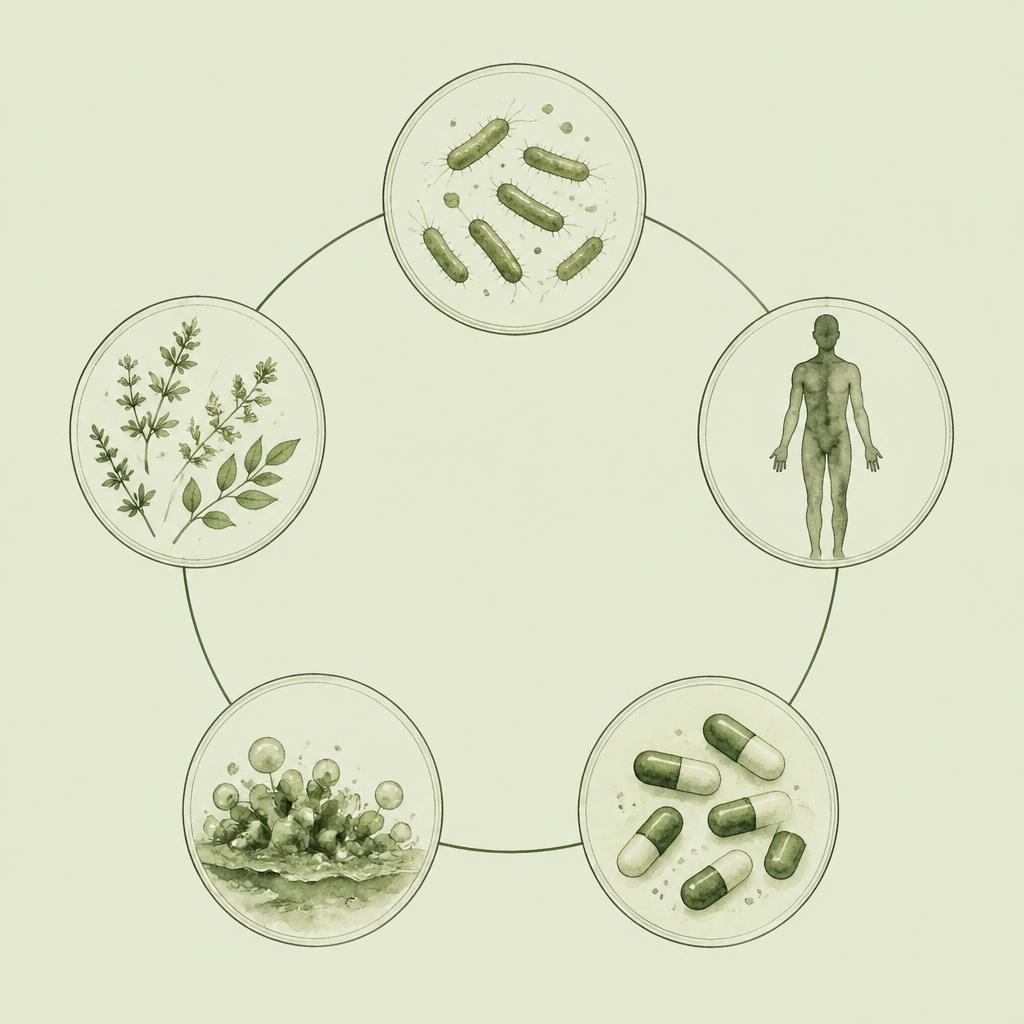 Circular diagram of the recurrent UTI cycle: colonize, invade, antibiotics, survive, re-emerge