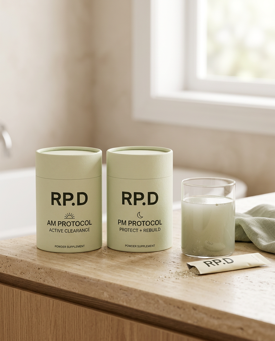 RP.D AM and PM powder supplements beside a mixed drink and individual sachet