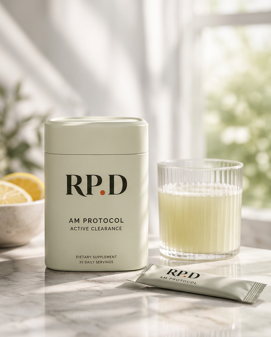 RP.D AM Protocol canister beside a prepared glass and a single sachet